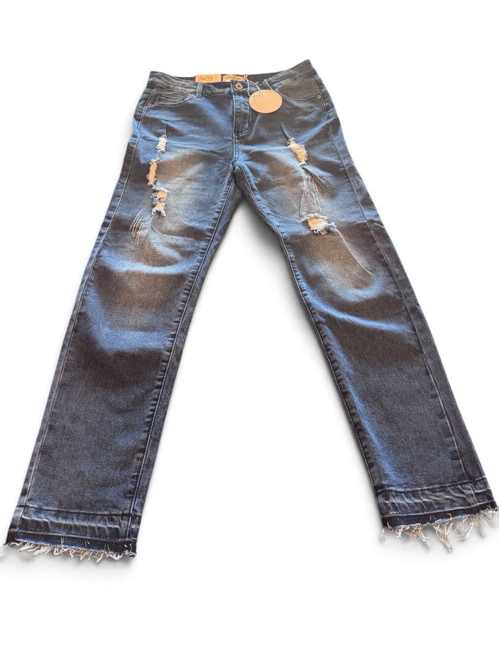 Umgee Size 5 Distressed Dark Wash Raw Hem Straight Leg Jeans NWT